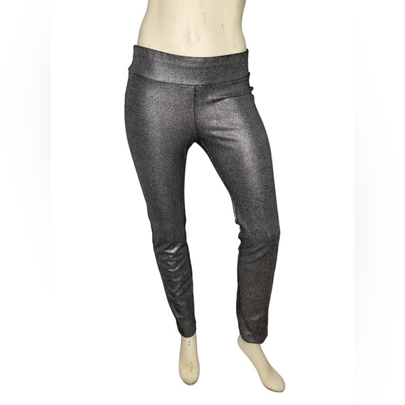 LENA GABRIELLE Black & Silver Metallic Pull On Wide Waistband Stretch Leggings,2 - Picture 2 of 11